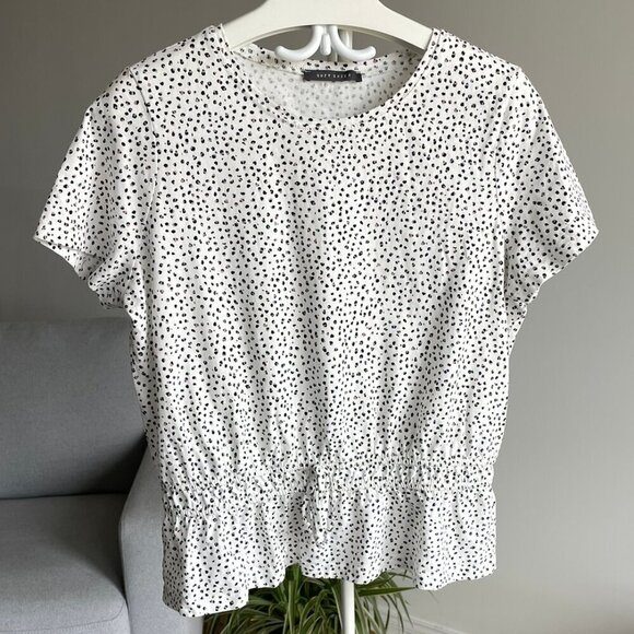 SUZY SHIER White Dot T-Shirt Top Peplum Short Sleeved Crew Neck Cropped Large - Picture 2 of 11